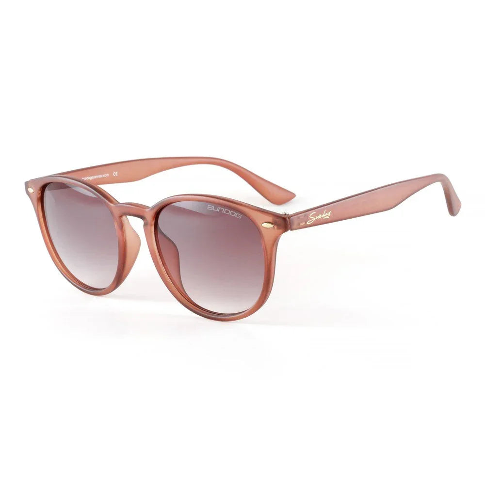 Brown round frame sunglasses with gradient lenses on a white background