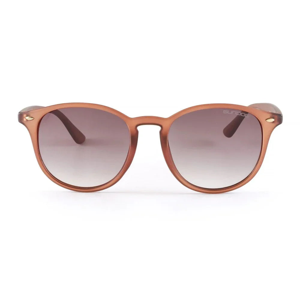 Round brown frame sunglasses with gradient lenses on white background