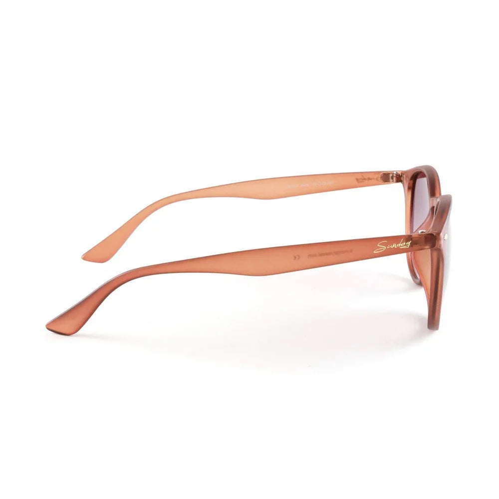 Side view of stylish pink translucent square sunglasses with thick arms on white background.