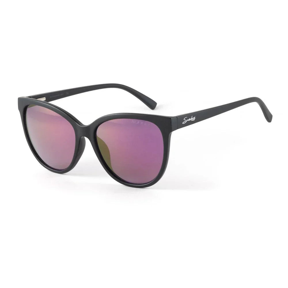 Black cat-eye sunglasses with purple mirrored lenses on white background