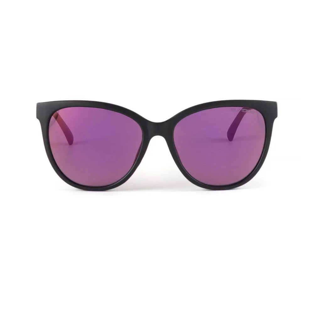 Black cat-eye sunglasses with purple mirrored lenses on a white background