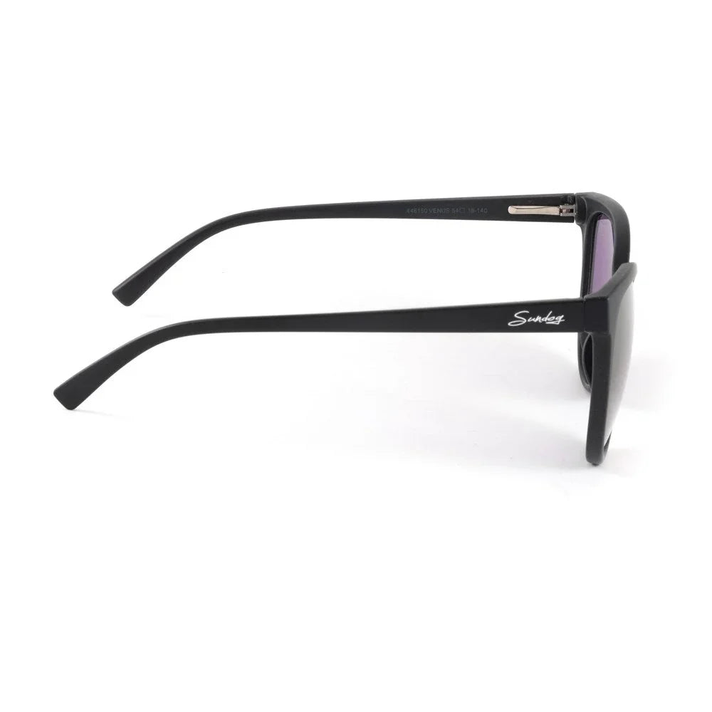Side view of black Sundog Venus sunglasses with logo on frame, white background