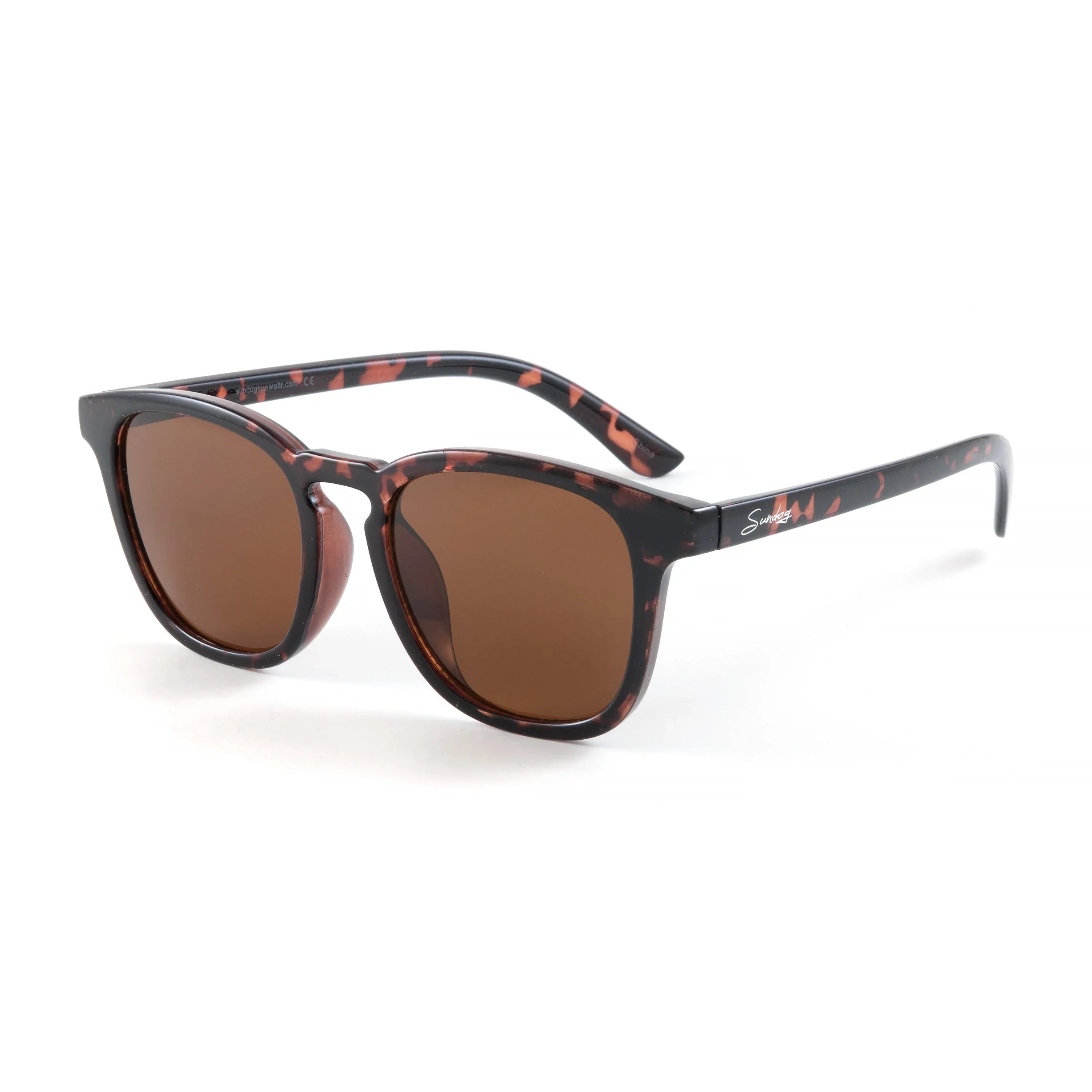 Tortoiseshell wayfarer sunglasses with brown lenses on white background