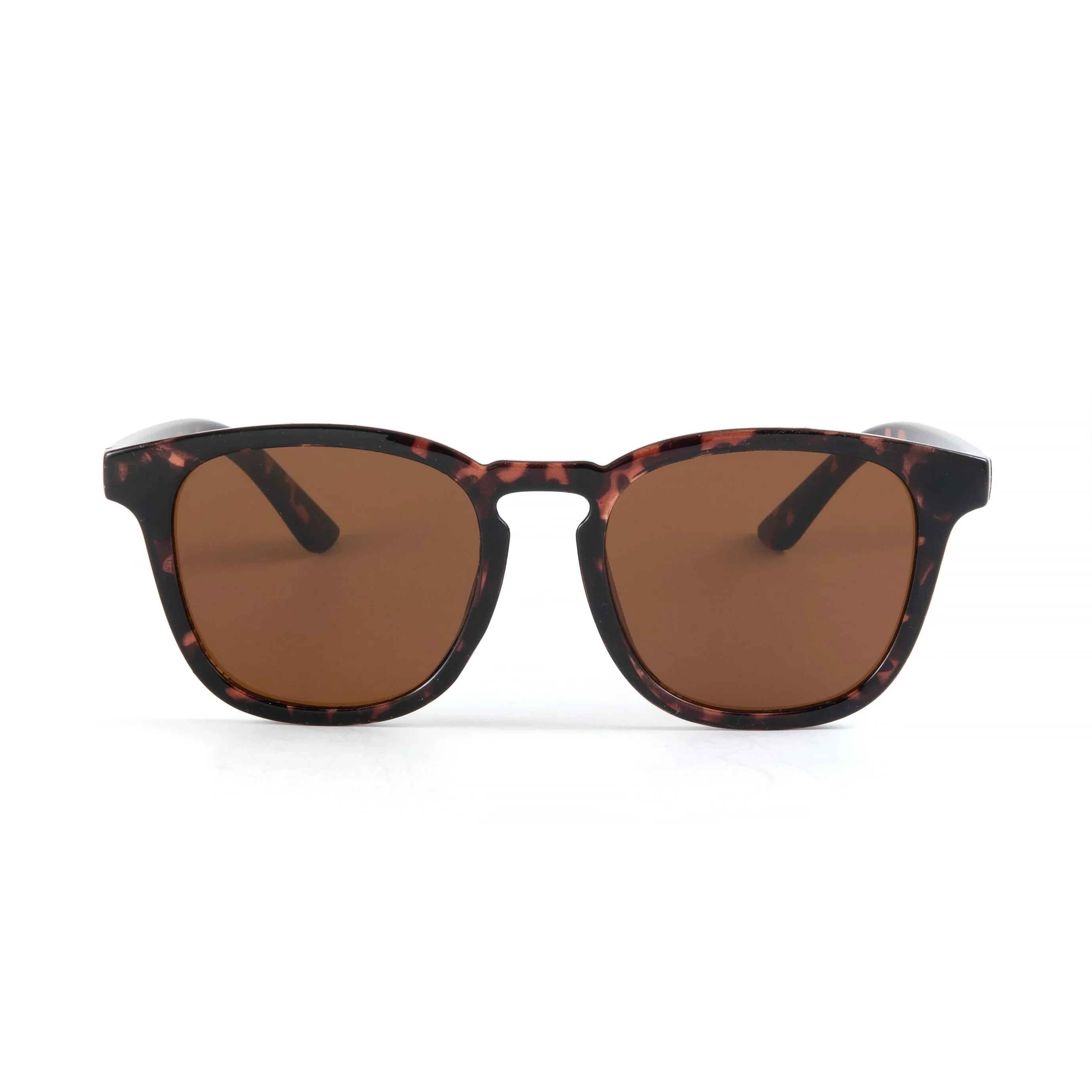 Tortoiseshell frame sunglasses with brown lenses on white background