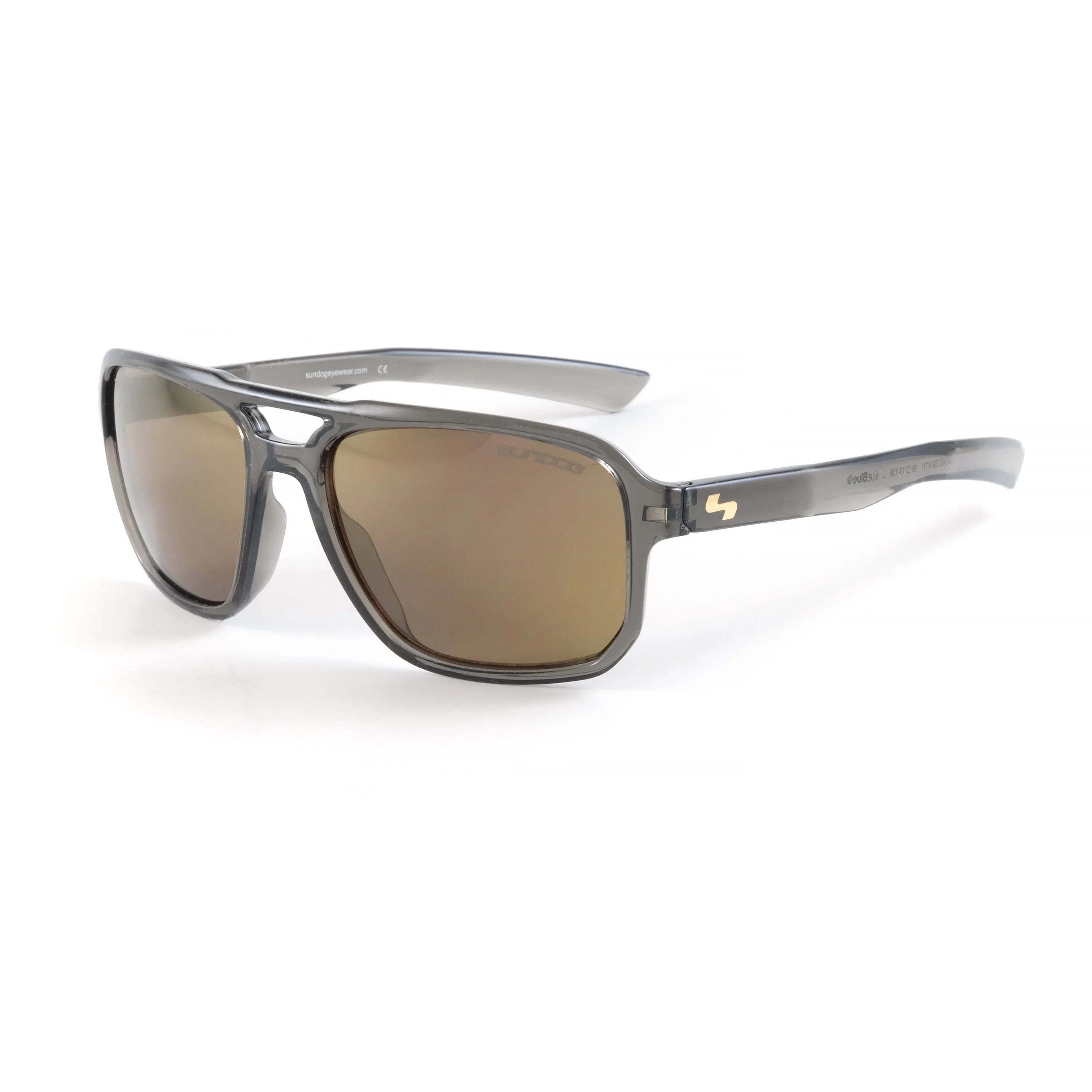 Gray frame Zenith sunglasses with brown reflective lenses on white background