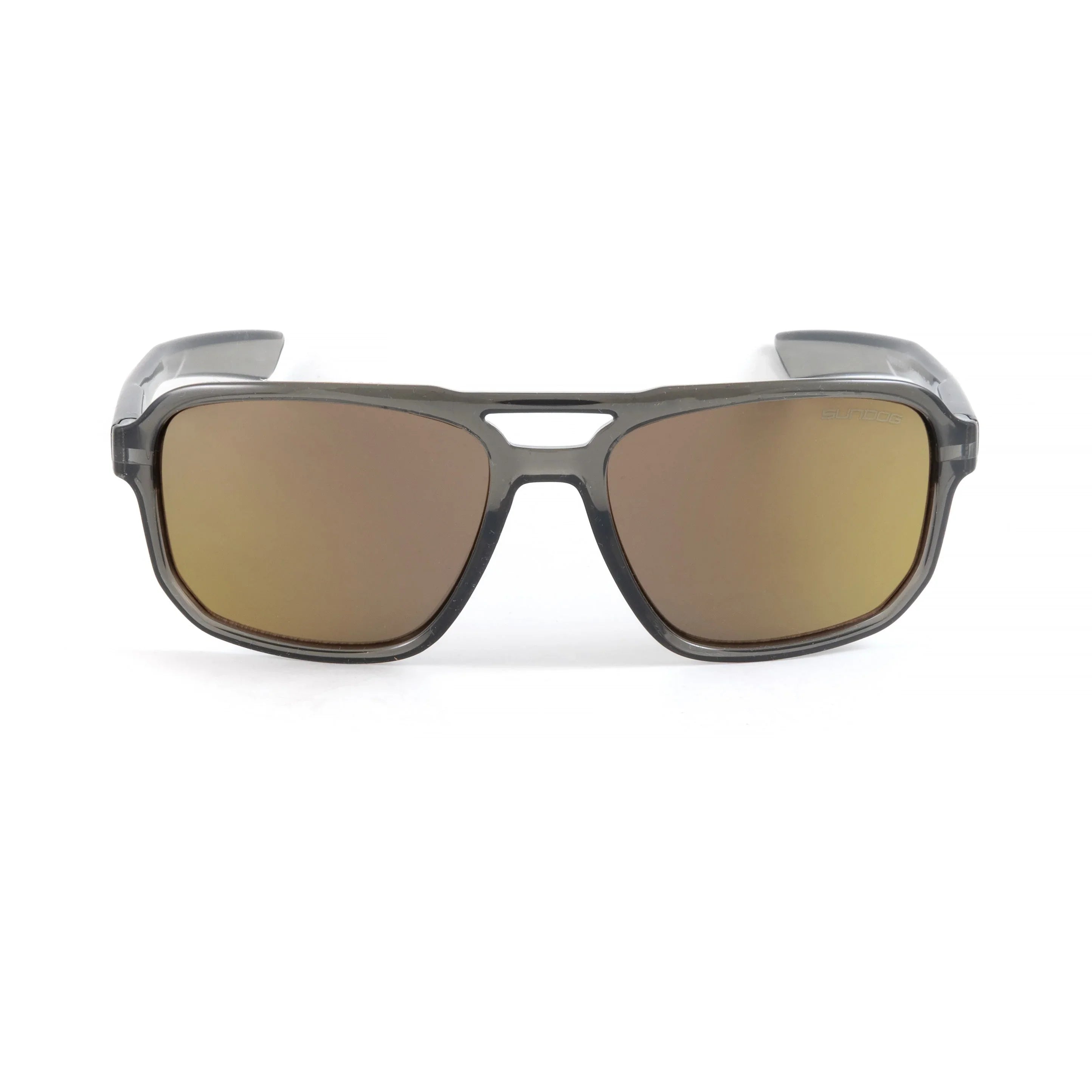 Gray aviator sunglasses with brown mirrored lenses on white background