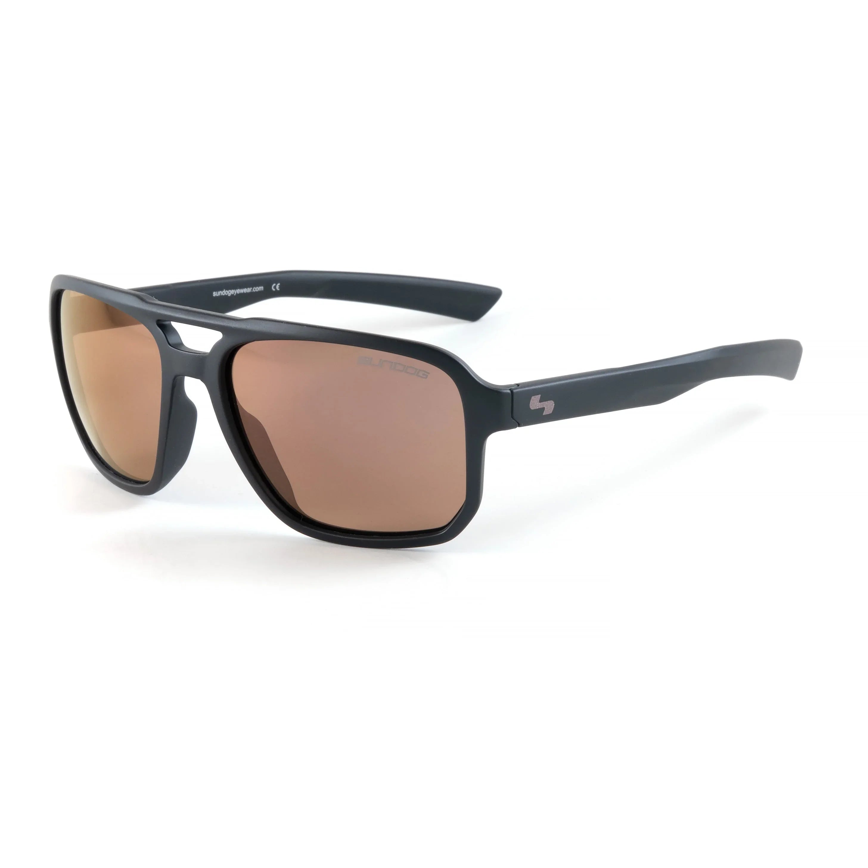 Sundog Zenith sunglasses with black frame and brown lenses on white background