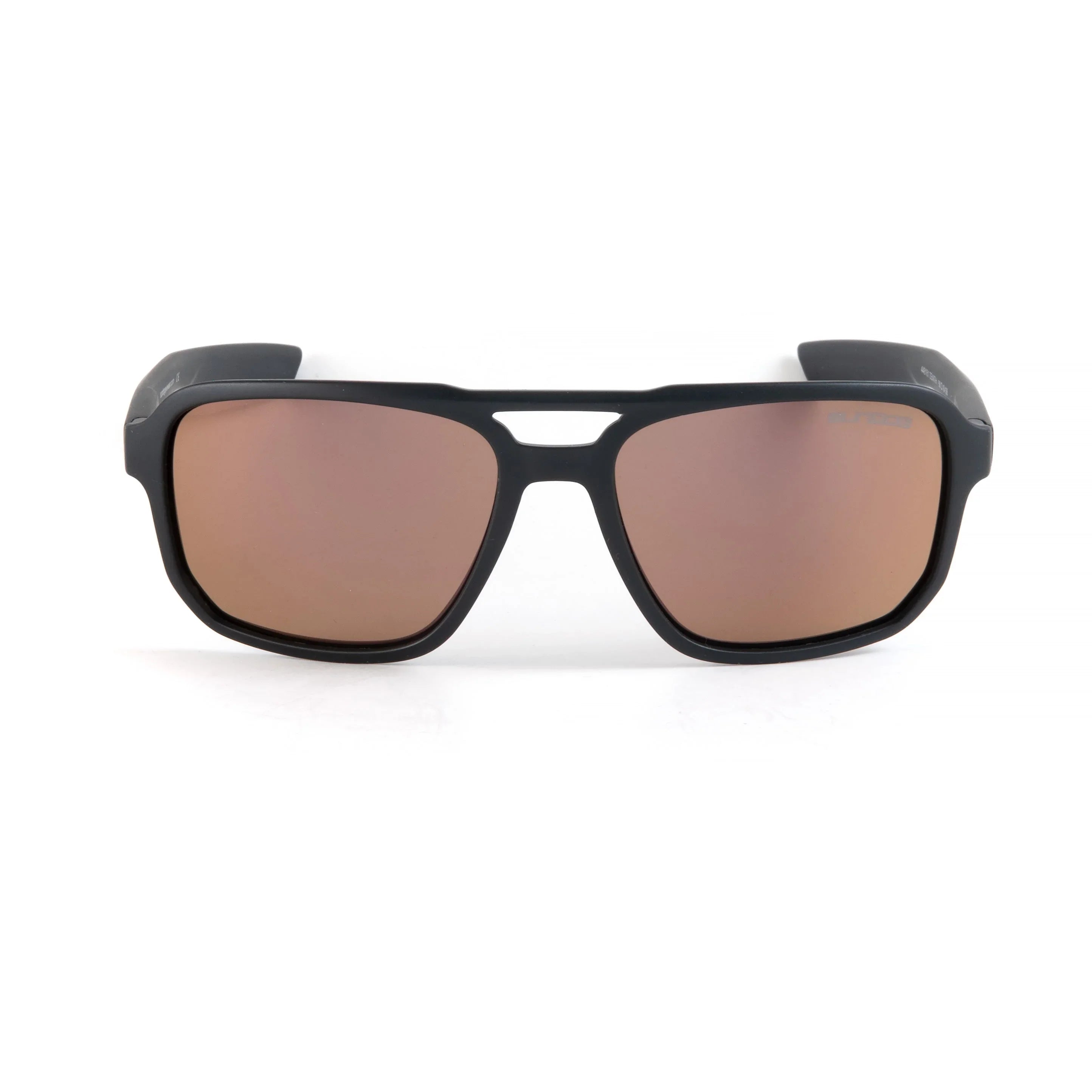 Black frame sunglasses with brown mirrored lenses on white background