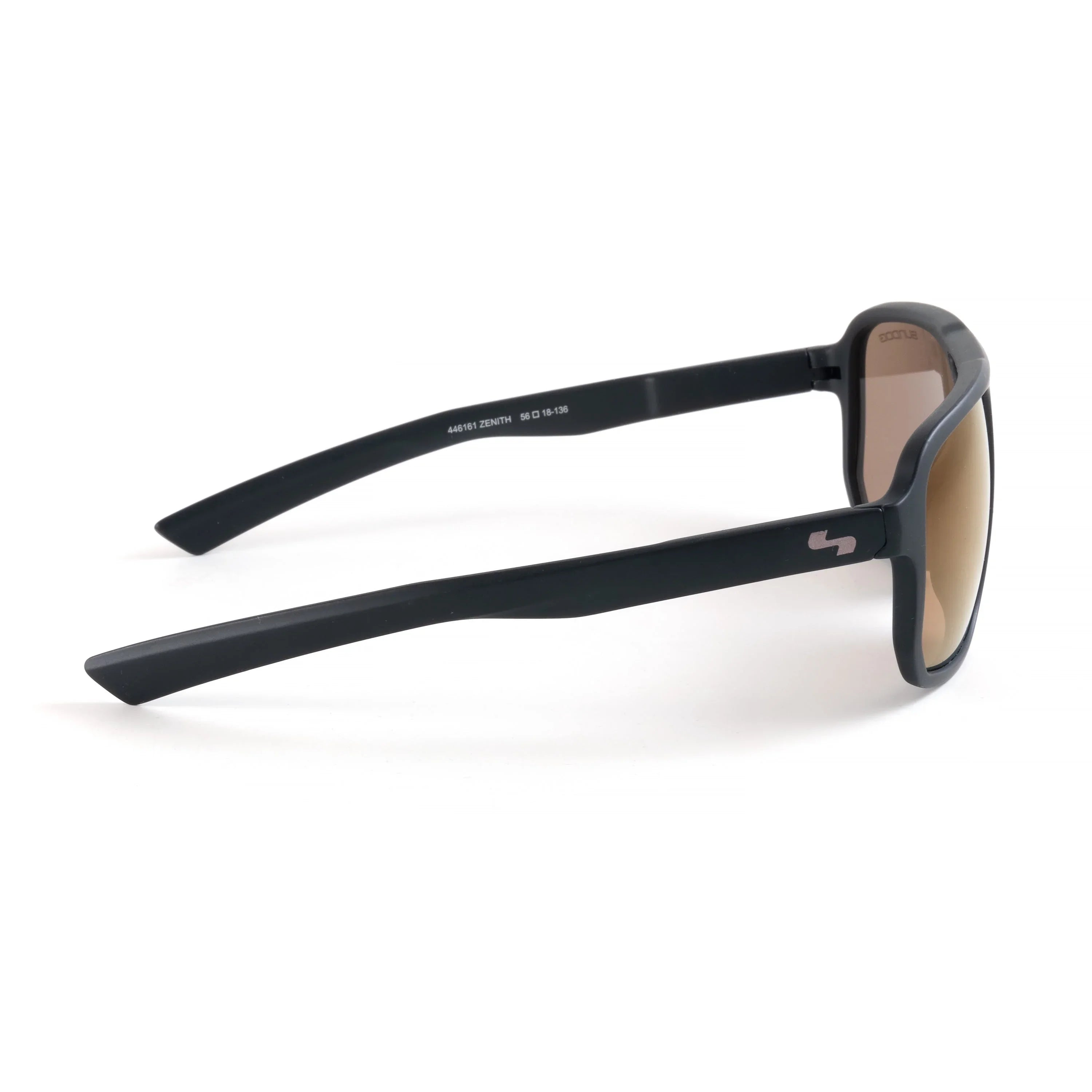 Side view of black Zenith sunglasses with brown lenses and a silver logo on the arm.