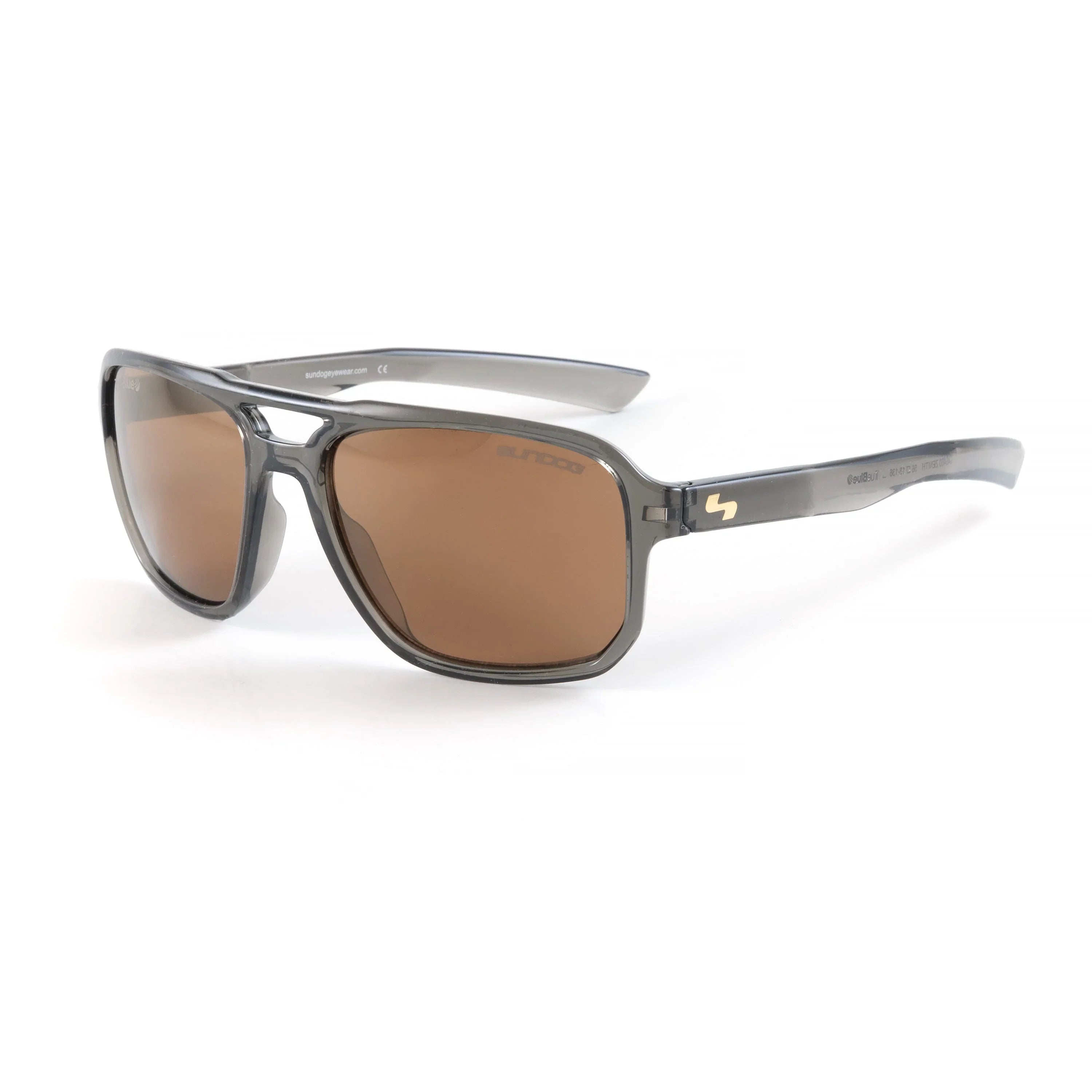 Suncloud Zenith sunglasses with gray frame and brown polarized lenses on white background