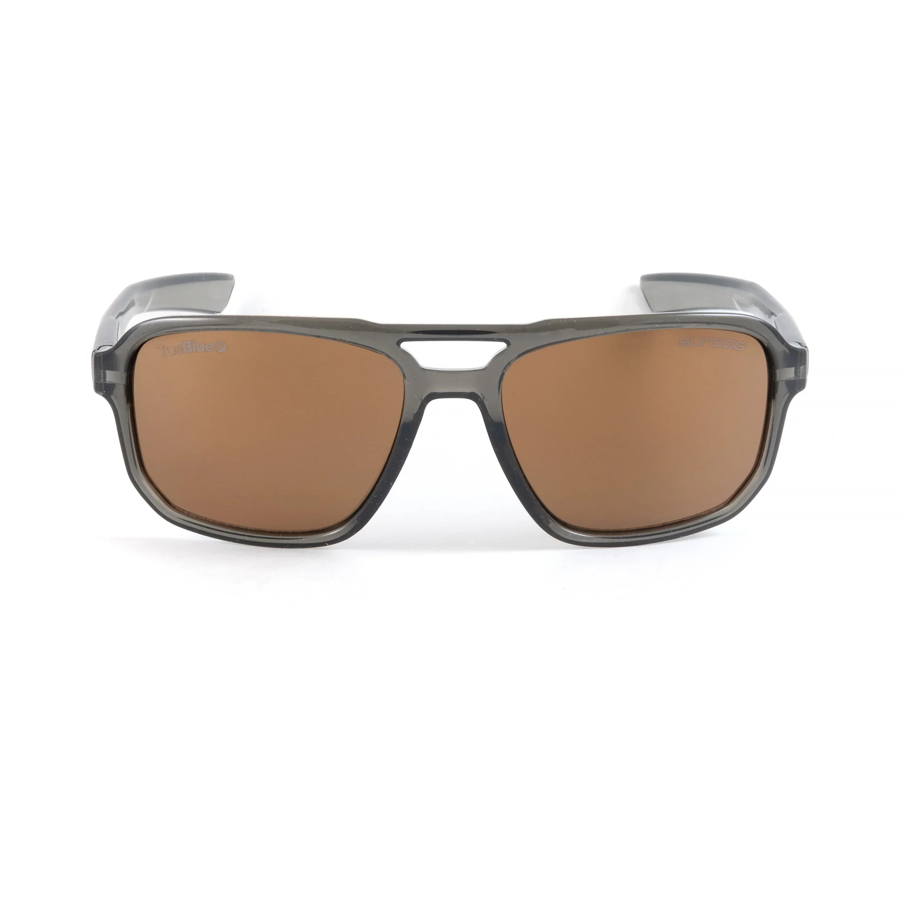 Gray frame sunglasses with brown lenses front view on white background