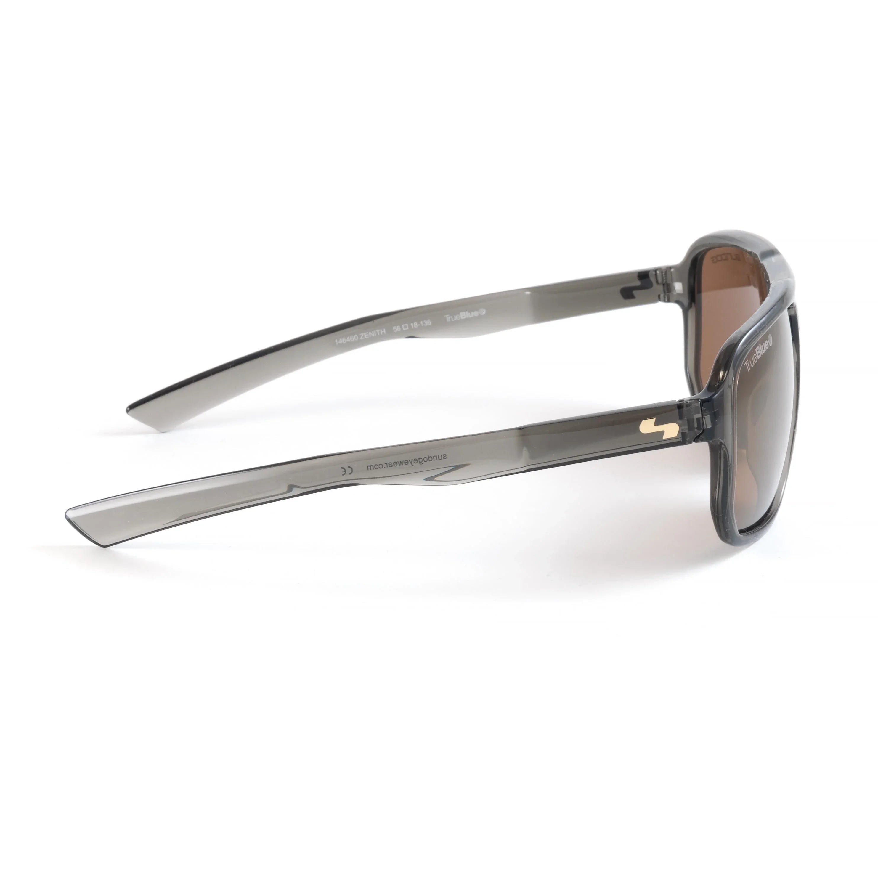 Grey transparent sunglasses with square frames and brown lenses, side view