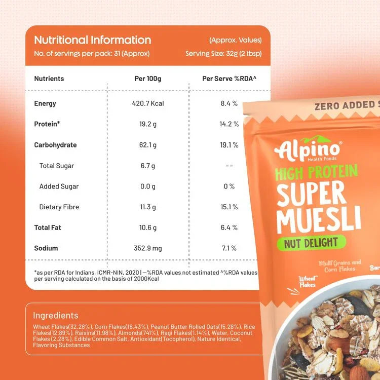 Alpino Super Muesli Nut Delight - 69% Whole Grain, 20% Dried Fruits & Nuts, No Sugar Infused Fruits - High Protein, Fibre Source - Premium Breakfast Cereal |