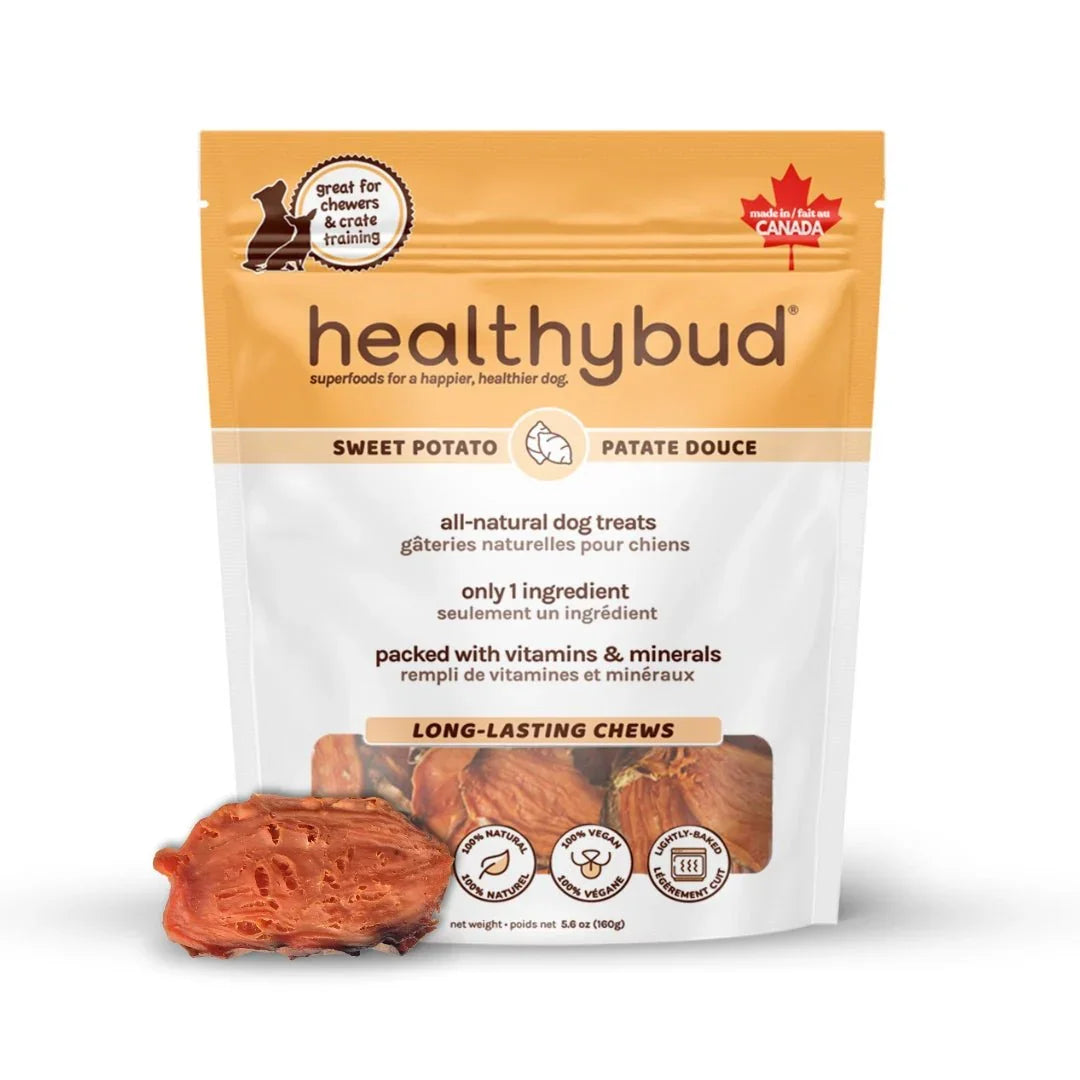 Healthybud sweet potato all-natural dog treats bag with visible chews and sweet potato slice