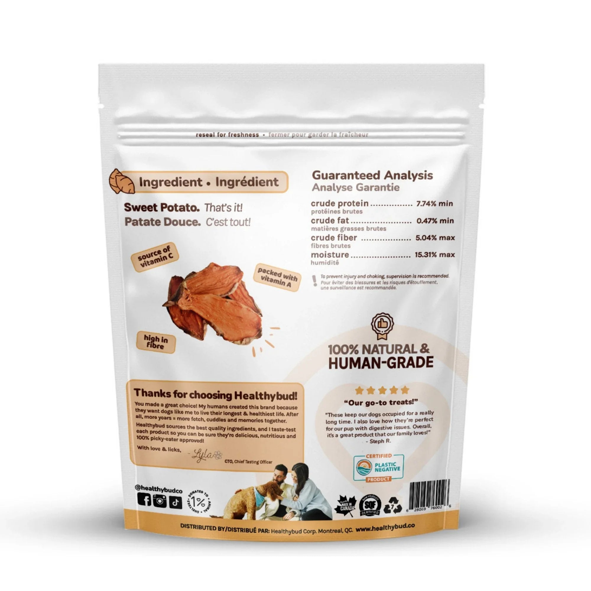 Healthybud sweet potato chews bag, natural dog treats, human-grade, rear packaging view