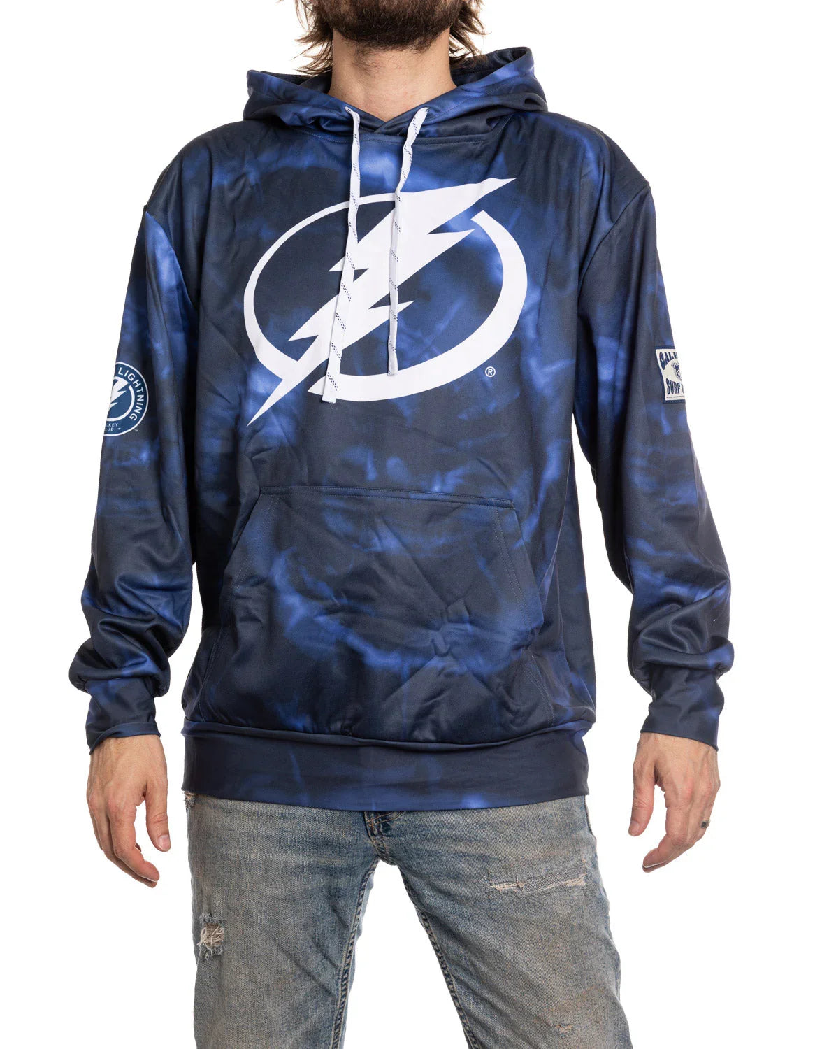 Navy blue Tampa Bay Lightning sublimation hoodie with large logo and tie-dye pattern
