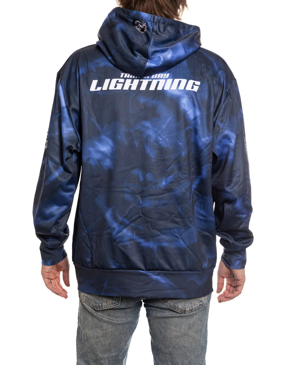 Tampa Bay Lightning sublimation hoodie back view, blue pattern, sports fan apparel
