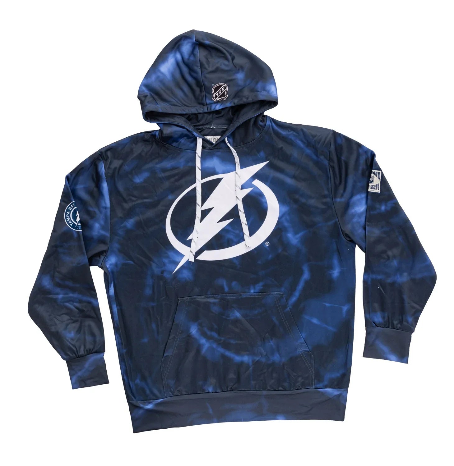 Navy blue Tampa Bay Lightning sublimation hoodie with lightning bolt logo and tie-dye pattern