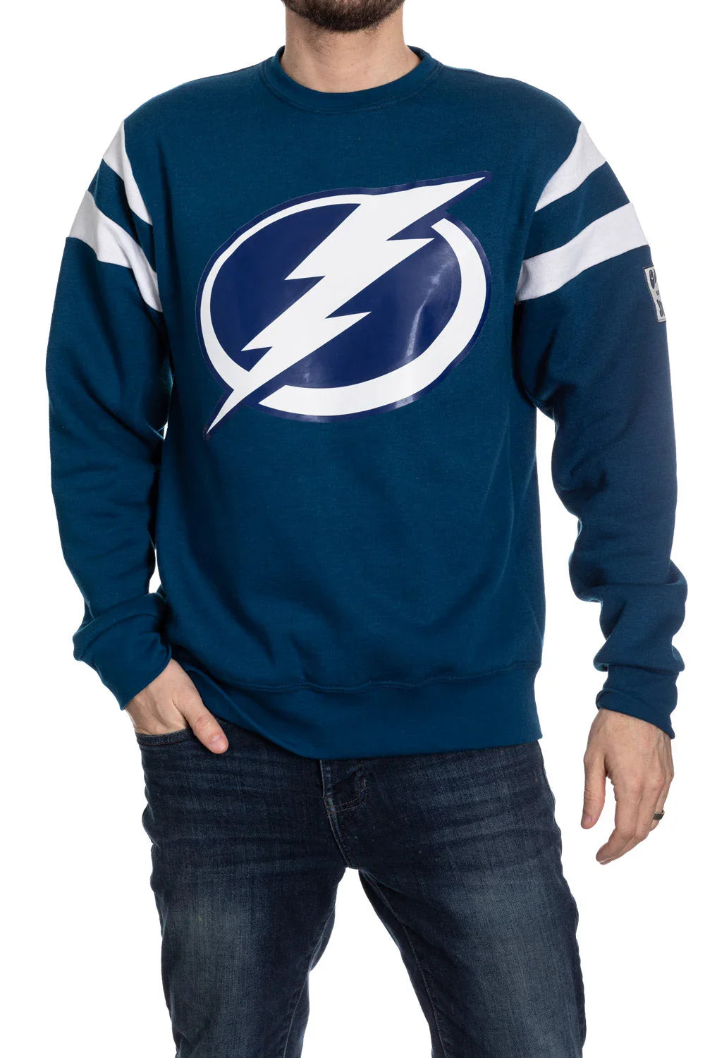 Man wearing blue Tampa Bay Lightning sweatshirt with white stripes and logo