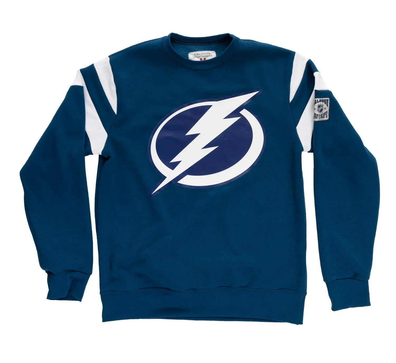 Blue Tampa Bay Lightning sweatshirt with white lightning bolt logo and white shoulder stripes