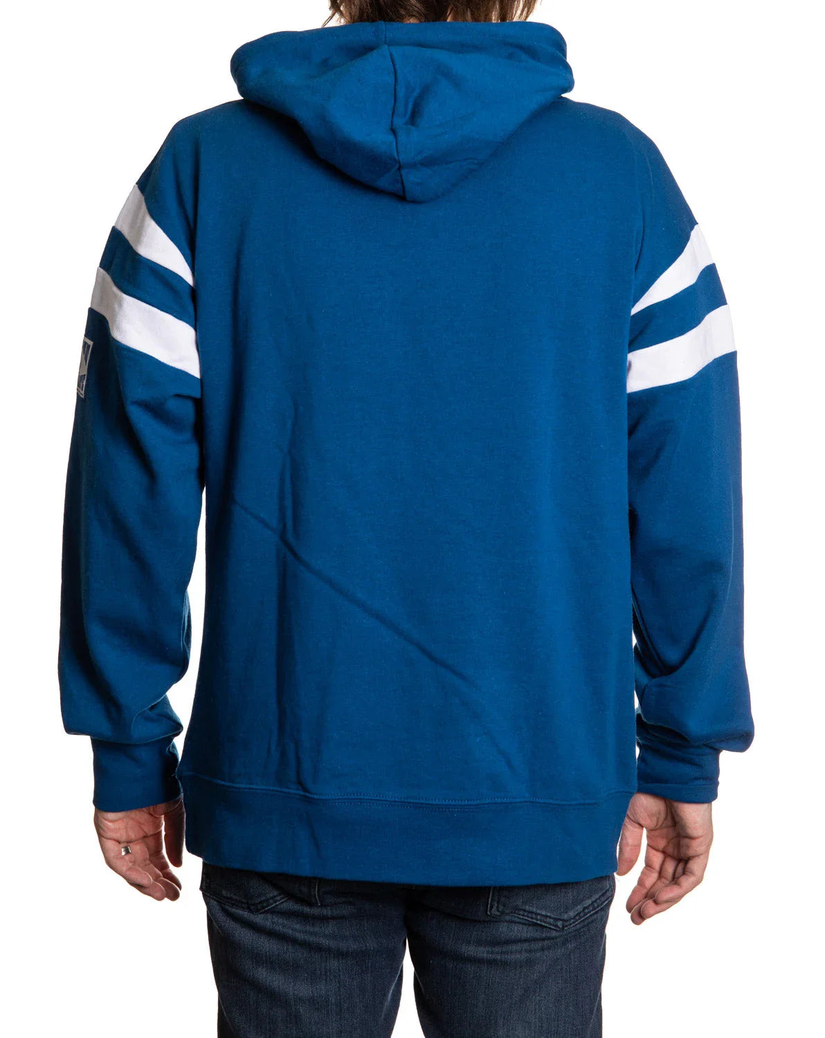 Back view of blue Tampa varsity hoodie with white stripes on sleeves, casual apparel