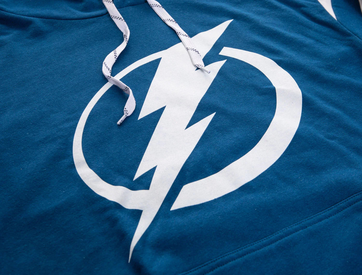 Blue hoodie with white lightning bolt logo and white drawstrings, Tampa varsity style