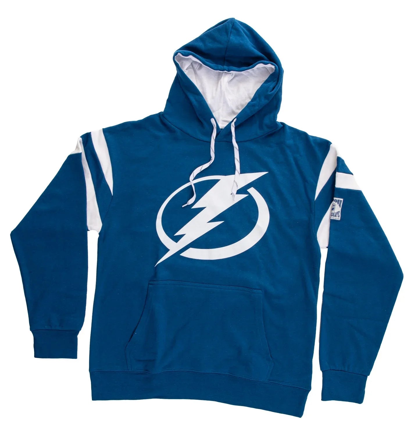Blue Tampa Bay Lightning varsity hoodie with white lightning bolt logo and striped sleeves