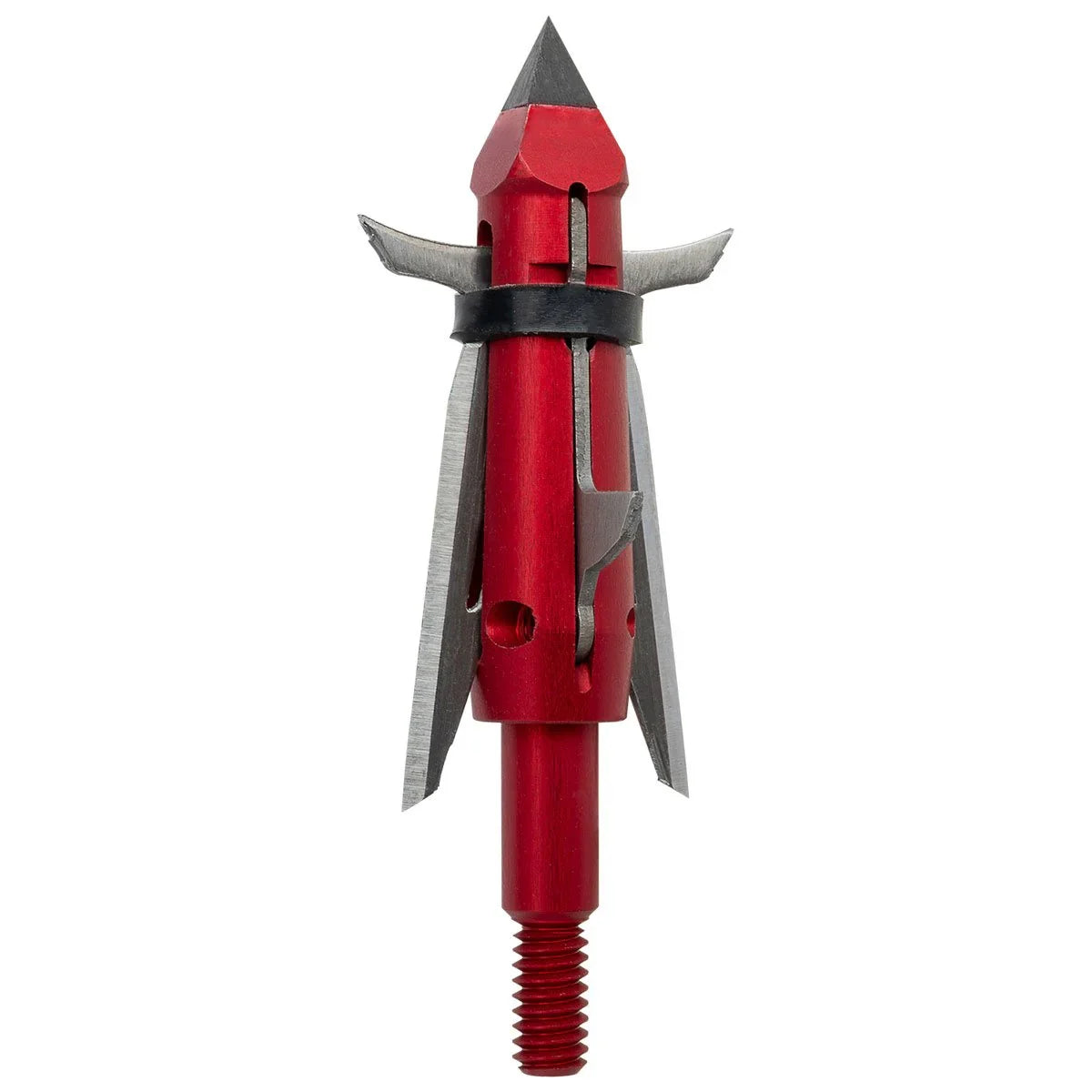 Red Nemesis broadhead arrow tip with exposed steel blades and threaded base