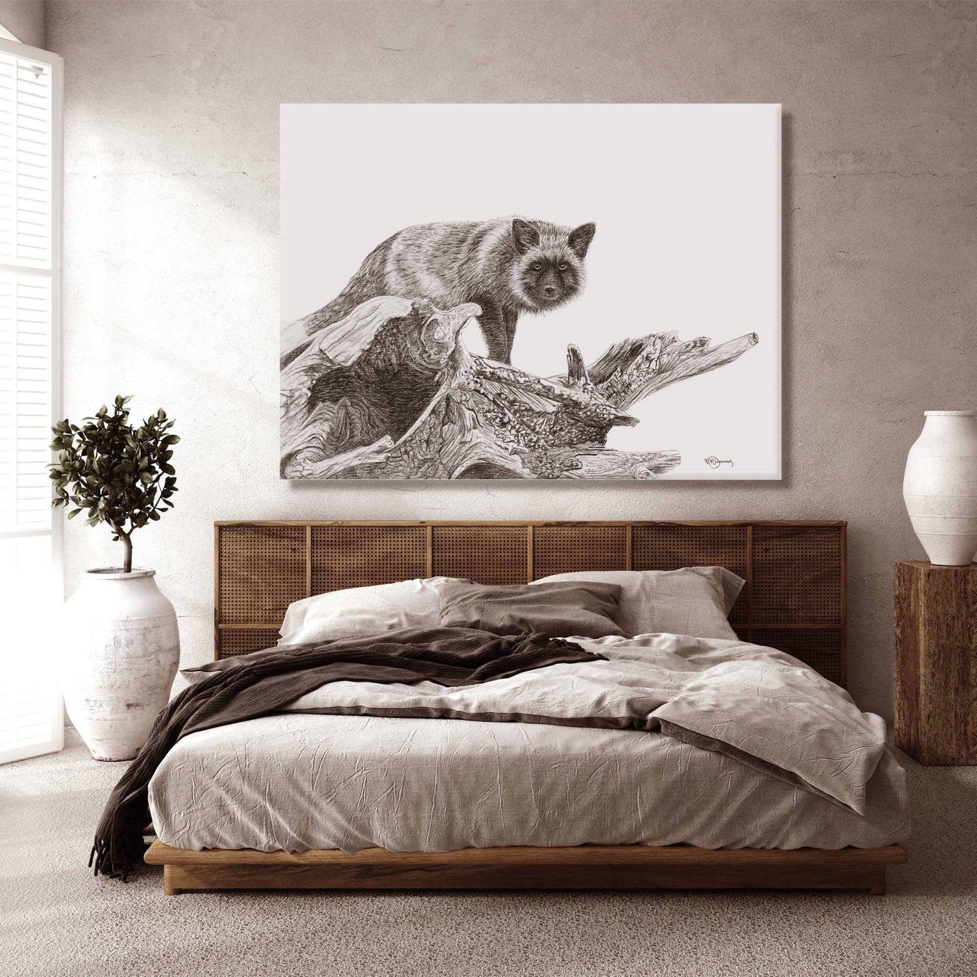 Minimalist bedroom with neutral bedding and a large silver fox artwork above the bed.