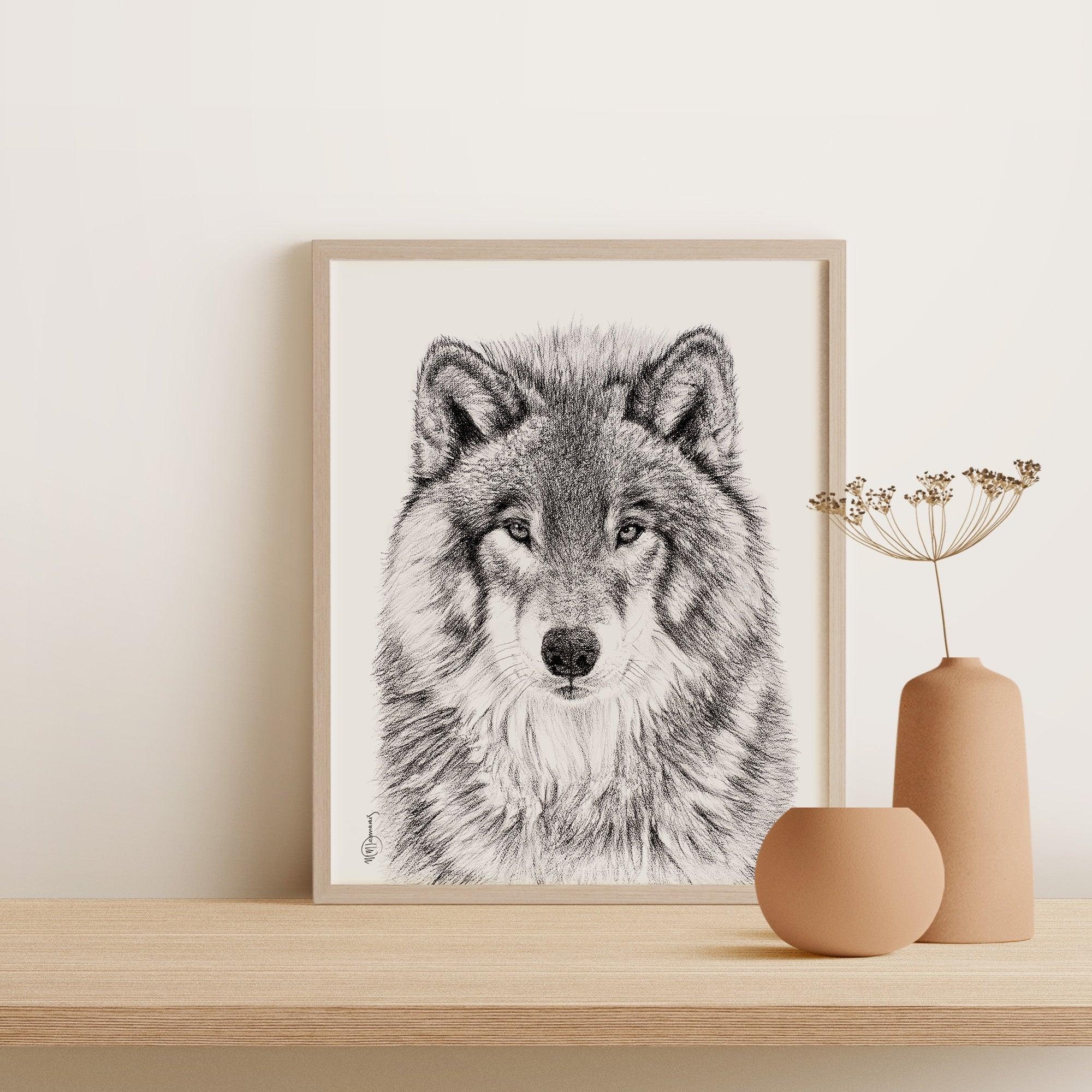 Wolf portrait art print in wooden frame on shelf with minimalist ceramic vases