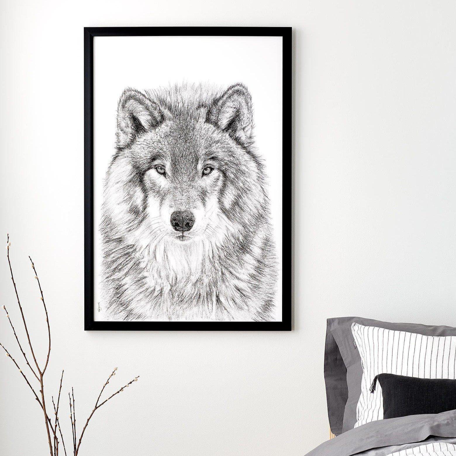 Framed wolf illustration wall art in modern bedroom decor
