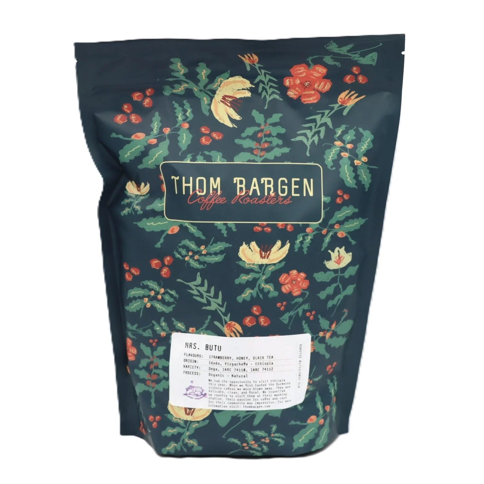 Thom Bargen Coffee Roasters bag with floral pattern and product label