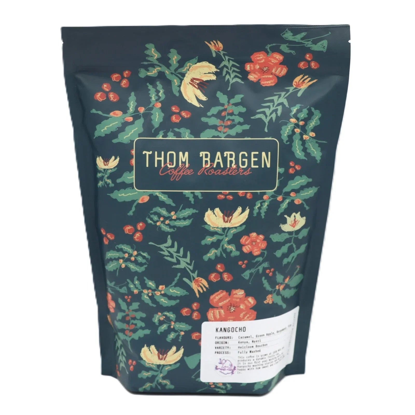 Thom Bargen coffee beans bag with floral design and product label on dark background