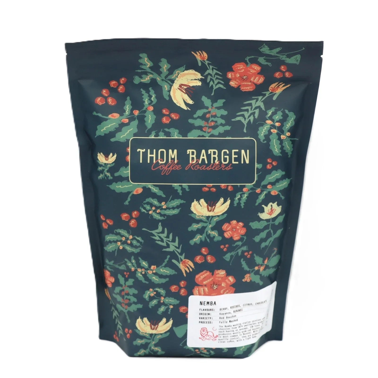 Thom Bargen Coffee Roasters floral coffee bag with label and colorful botanical design