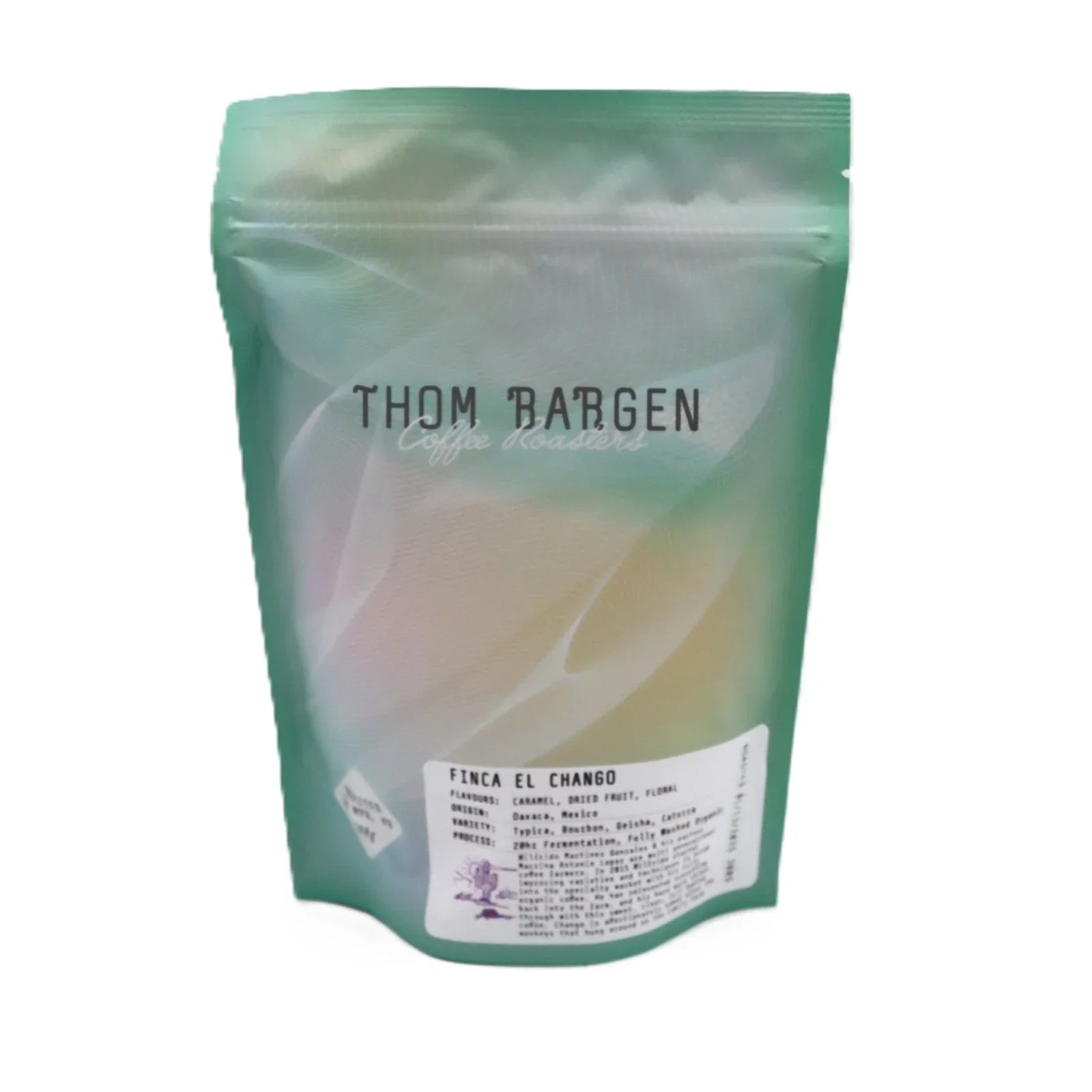 Thom Bargen coffee bag Finca El Chango, pastel gradient packaging, product label visible