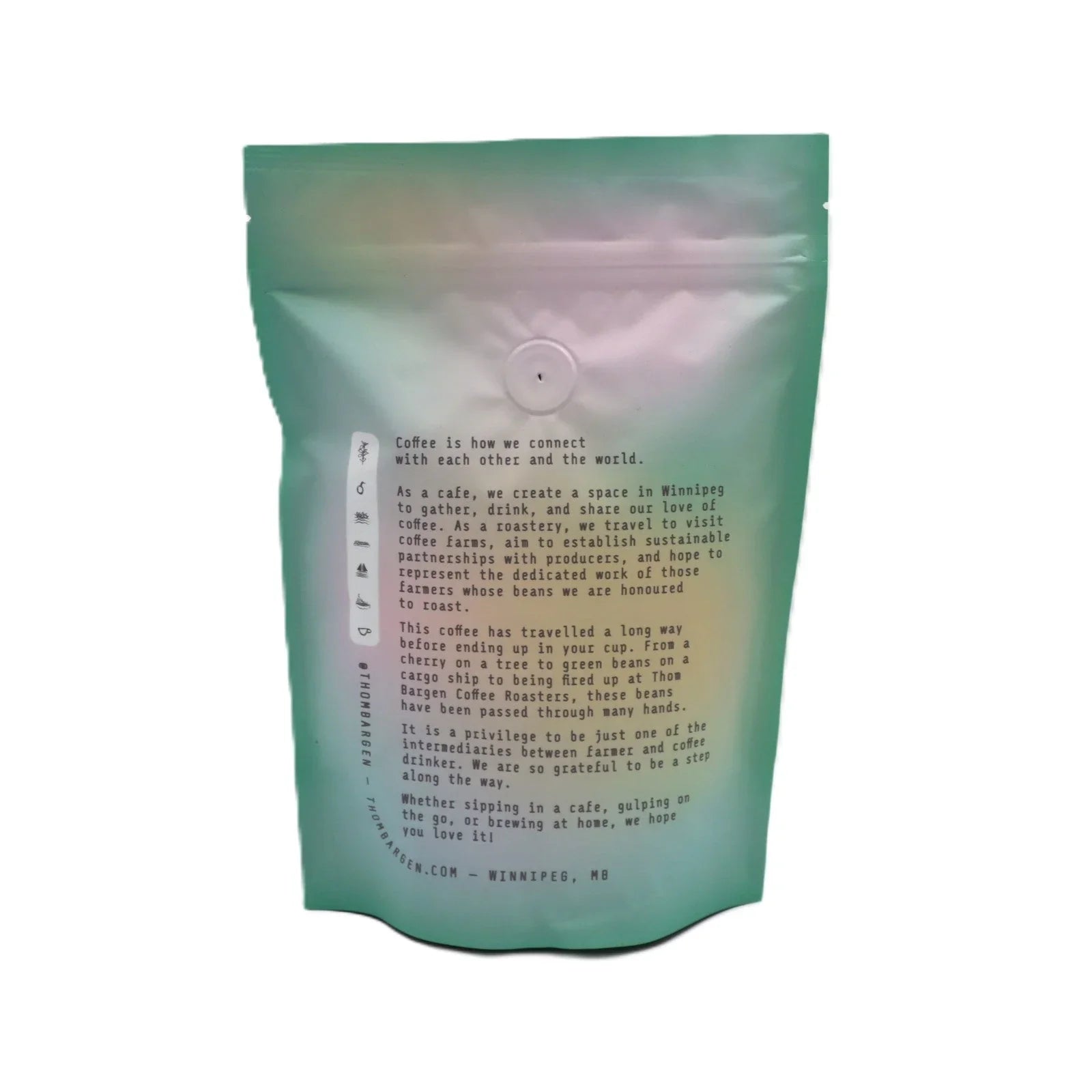 Thom Bargen Coffee Roasters pastel resealable bag with brand story text, Winnipeg MB