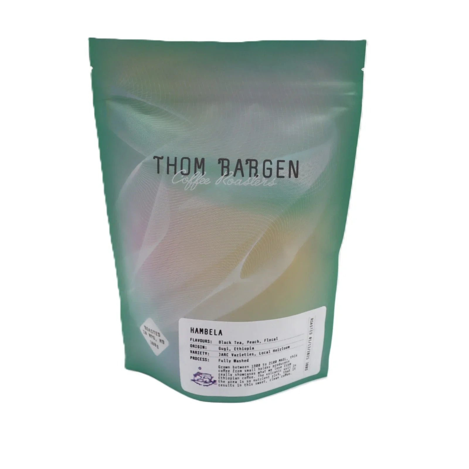 Thom Bargen Coffee Roasters Hambela coffee bag with green gradient and product label.