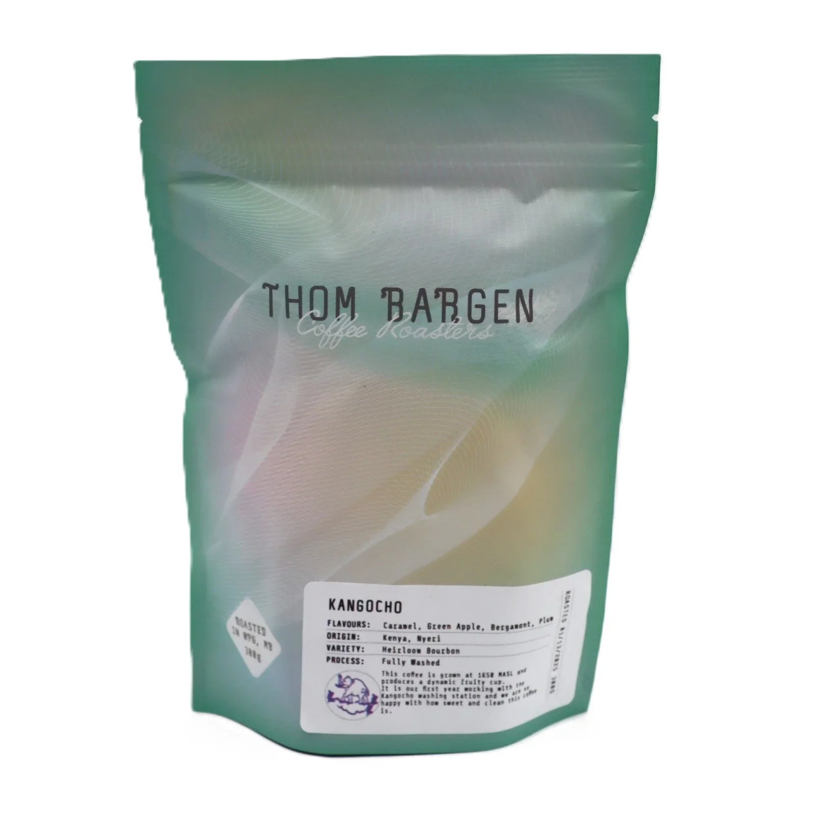 Thom Bargen Coffee Roasters Kangoocho coffee bag with origin and flavor notes label