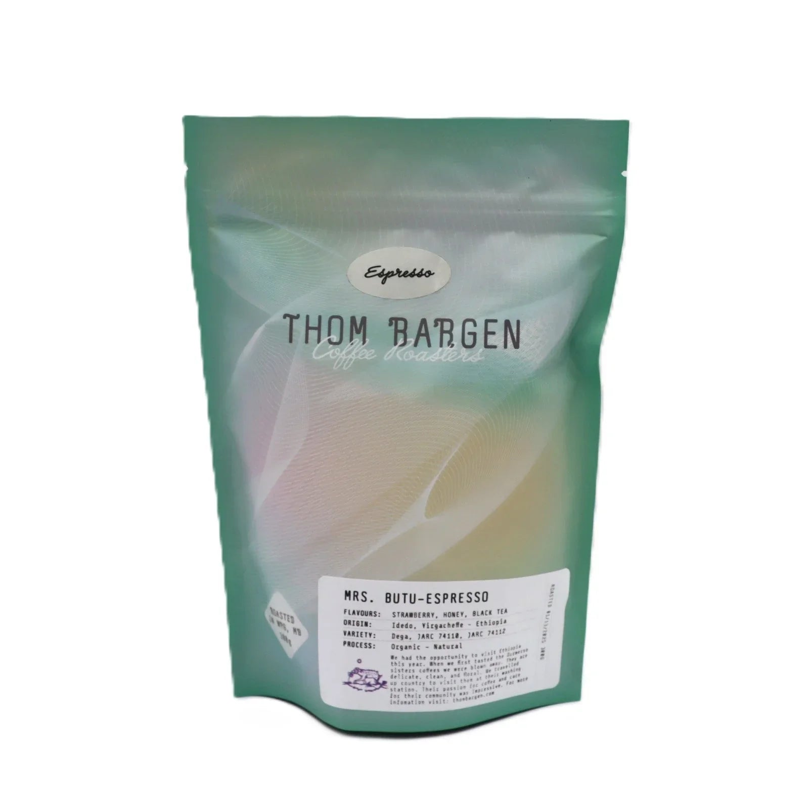 Thom Bargen Coffee Roasters Mrs. Butu Espresso bag with label and colorful packaging