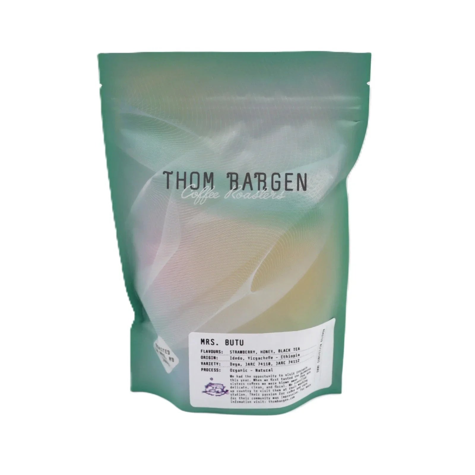 Thom Bargen Coffee Roasters Mrs. Butu green coffee bag with flavor notes label