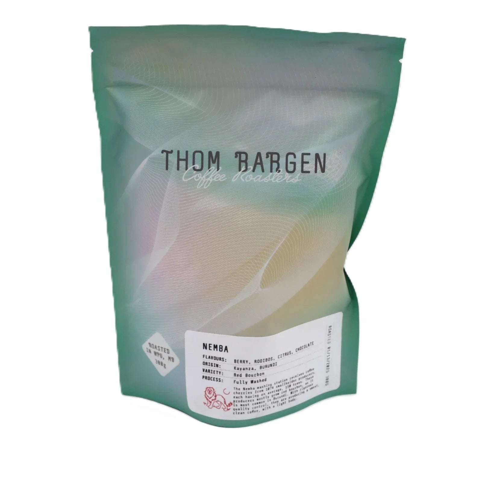 Thom Bargen coffee roasters Nemba Burundi coffee bag with green pastel design