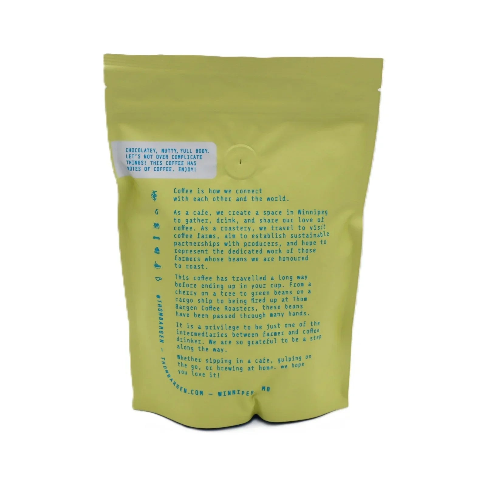 Thom Bargen coffee bag with descriptive text and tasting notes on yellow packaging