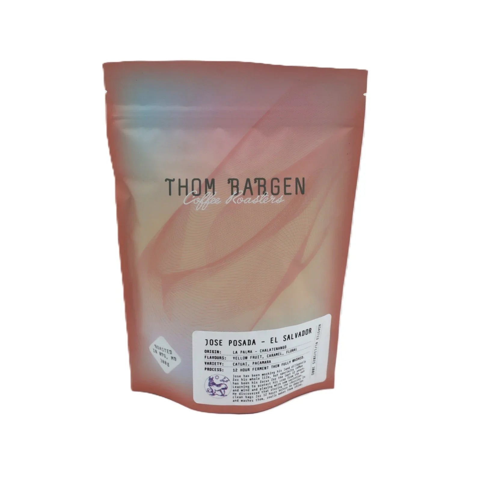 Thom Bargen Coffee Roasters Jose Posada El Salvador coffee bag with colorful gradient design