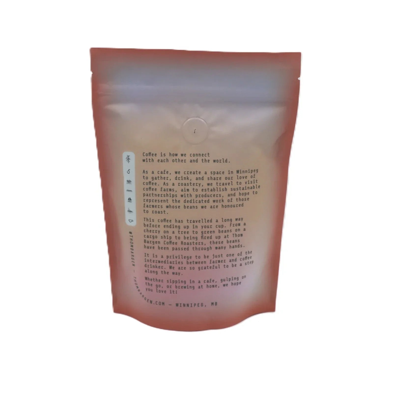 Back of Thom Bargen coffee beans bag with descriptive text and Winnipeg branding