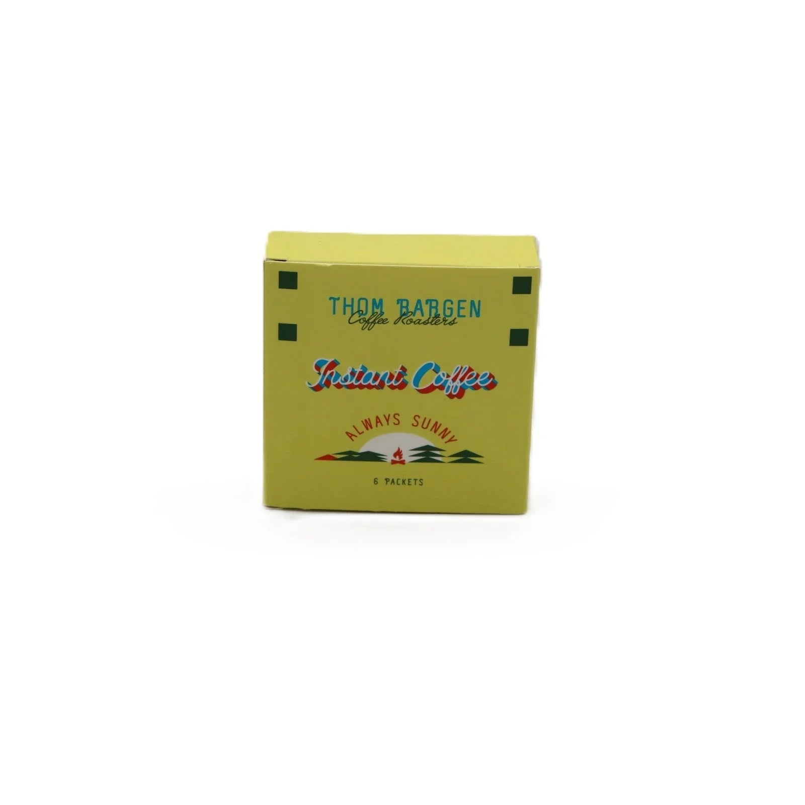 Thom Bargen Instant Coffee Always Sunny 6 pack yellow box on white background