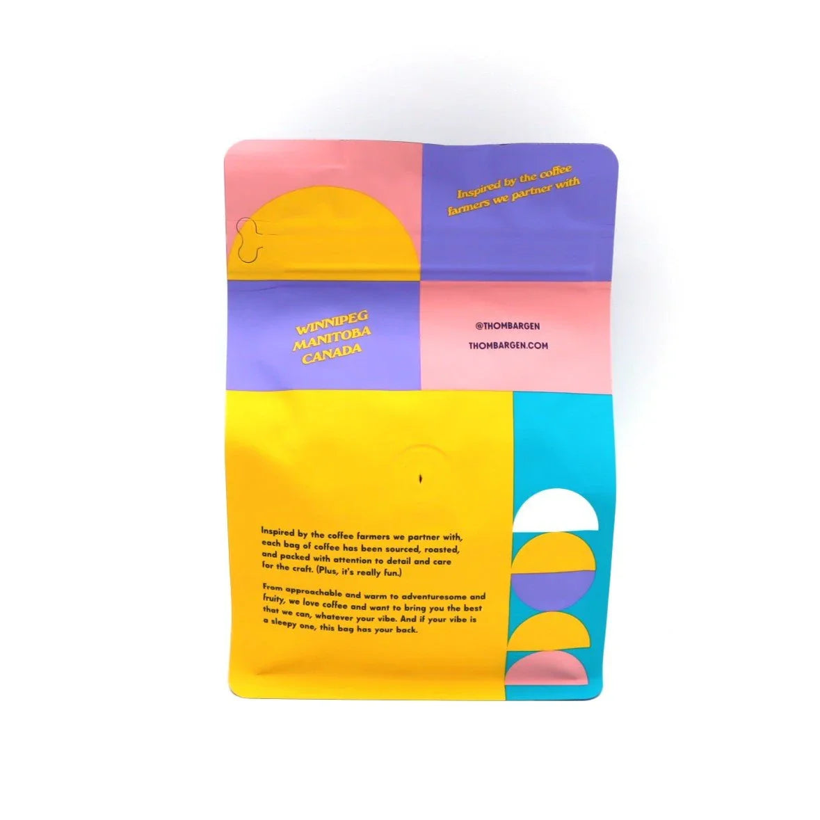 Colorful Thom Bargen coffee bag with geometric design and text, Winnipeg Manitoba Canada.