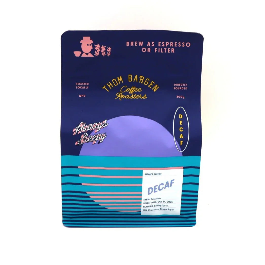 Thom Bargen Coffee Roasters Always Sleepy decaf espresso coffee bag purple blue packaging