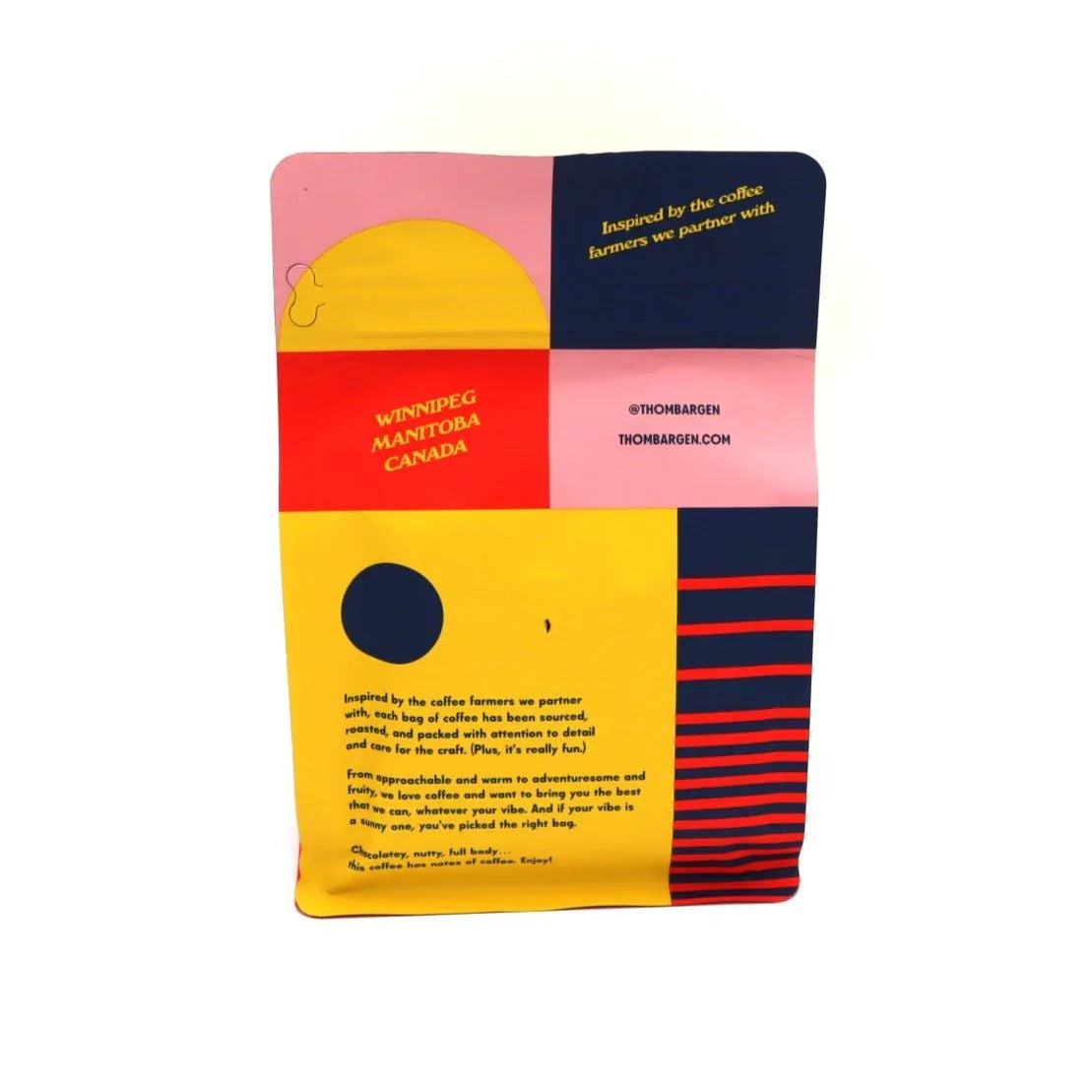 Colorful Thom Bargen coffee bag from Winnipeg Manitoba Canada with abstract design