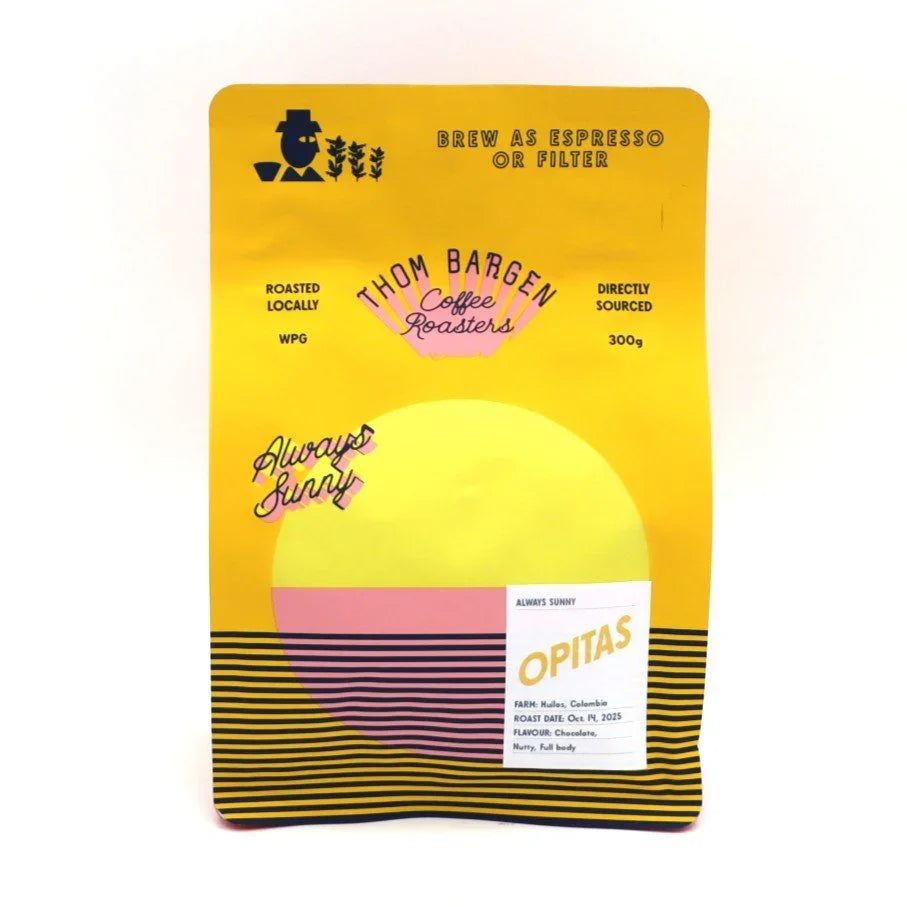 Thom Bargen Coffee Roasters Opitas yellow coffee bag with Always Sunny blend, 300g, bright design
