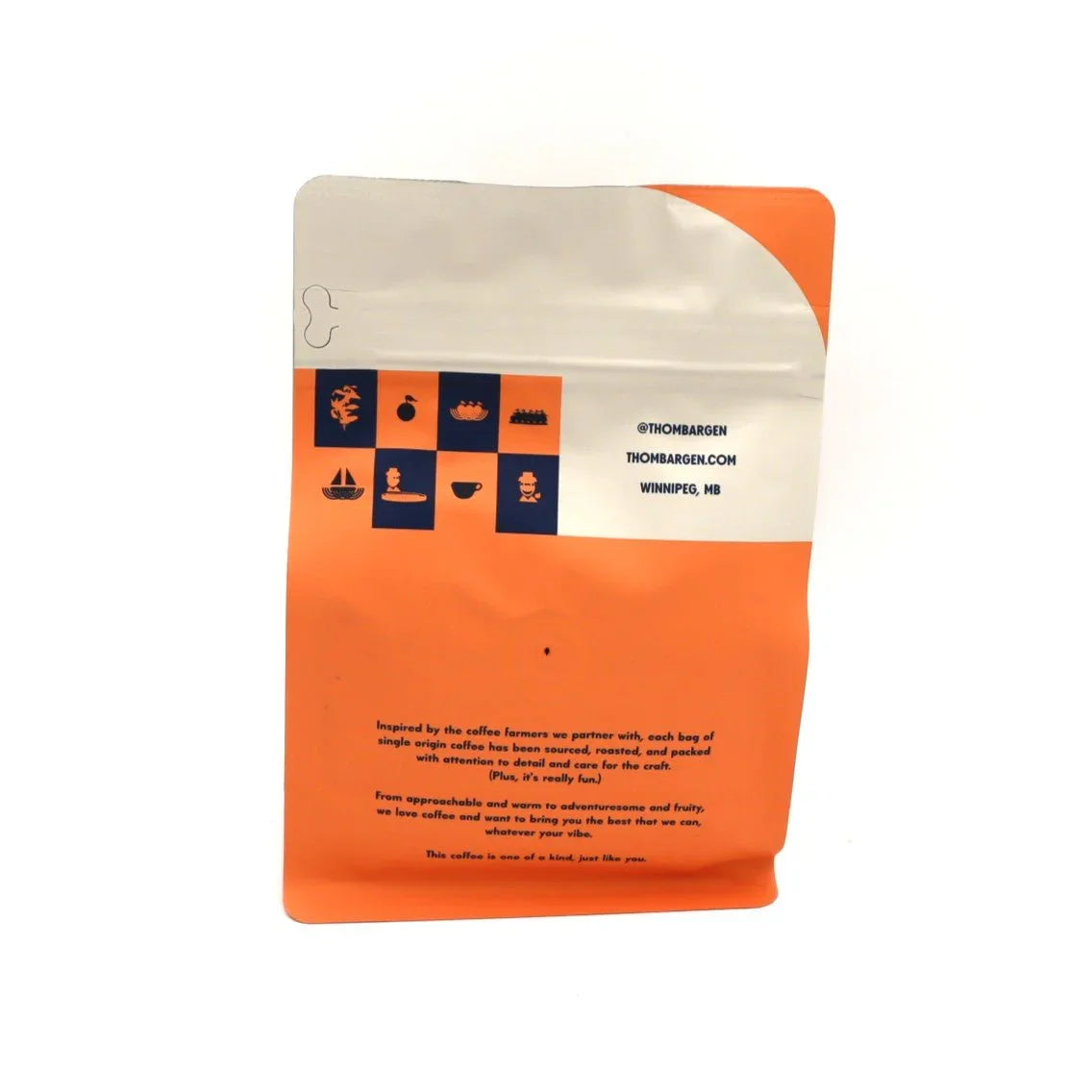 Thom Bargen single origin coffee bag with orange and white design, icons, and Winnipeg branding.